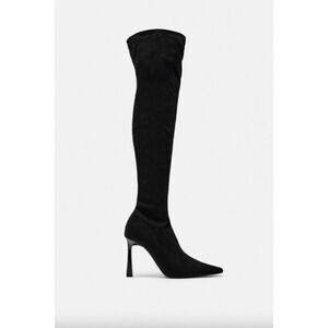 NWT Zara black stretch fabric knee high square flared heel pointed toe boots